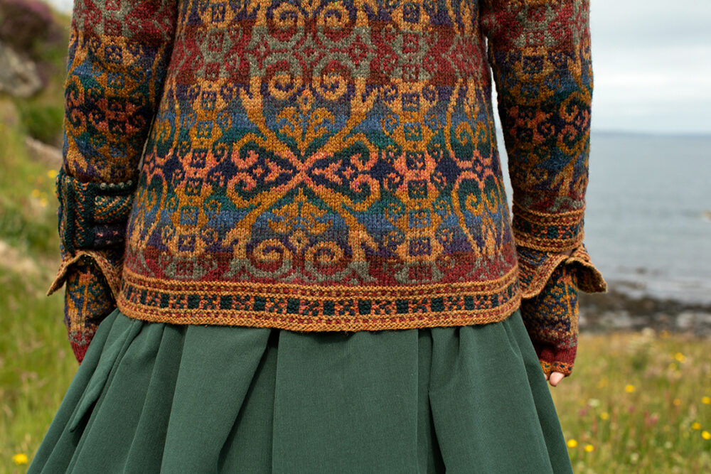 The Henry VIII pullover and Hat Set patterncard kit designs and Dun Cuff from Creative Course 2 by Alice Starmore in Hebridean 2 Ply