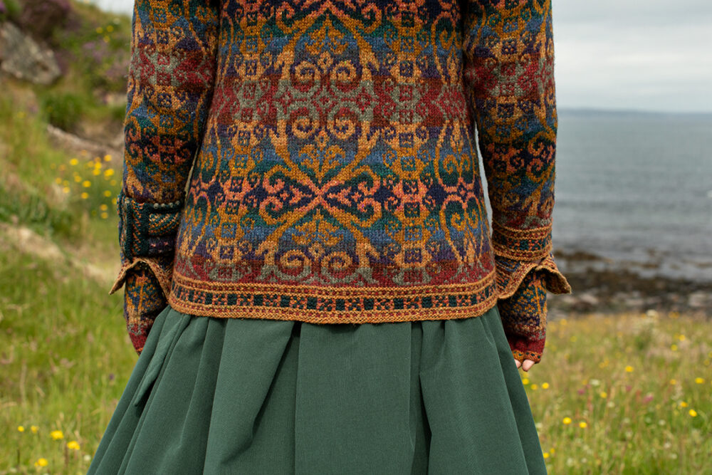 The Henry VIII pullover and Hat Set patterncard kit designs and Dun Cuff from Creative Course 2 by Alice Starmore in Hebridean 2 Ply