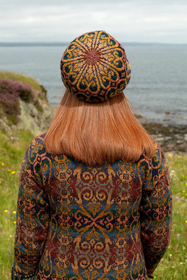 The Henry VIII pullover and Hat Set patterncard kit designs and Dun Cuff from Creative Course 2 by Alice Starmore in Hebridean 2 Ply