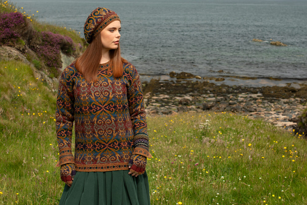 The Henry VIII pullover and Hat Set patterncard kit designs and Dun Cuff from Creative Course 2 by Alice Starmore in Hebridean 2 Ply