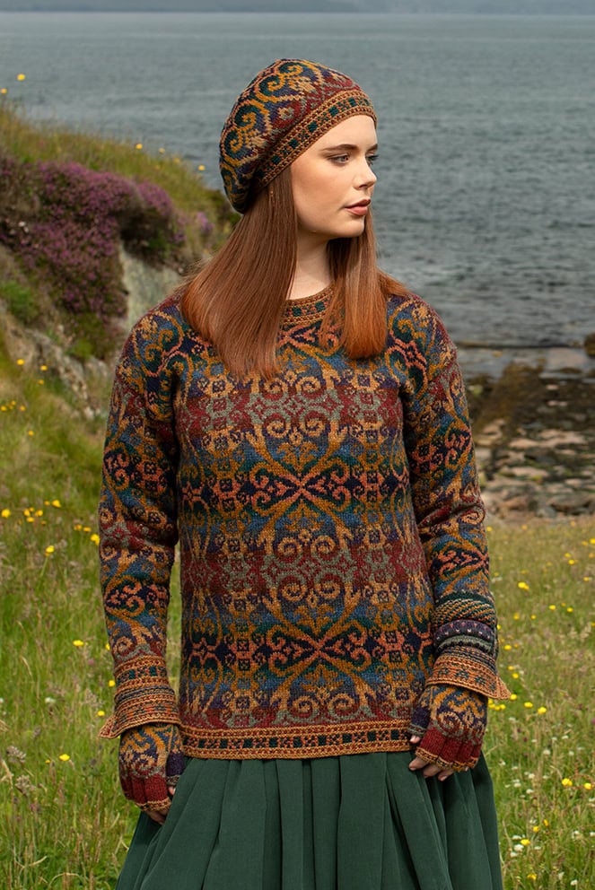 The Henry VIII pullover and Hat Set patterncard kit designs and Dun Cuff from Creative Course 2 by Alice Starmore in Hebridean 2 Ply