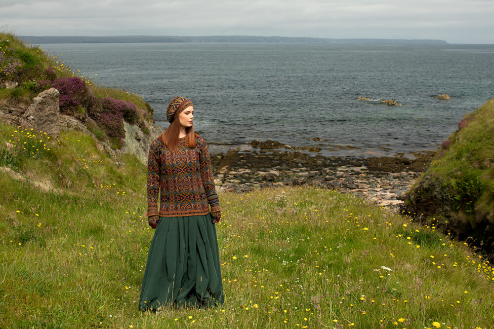 The Henry VIII pullover and Hat Set patterncard kit designs and Dun Cuff from Creative Course 2 by Alice Starmore in Hebridean 2 Ply