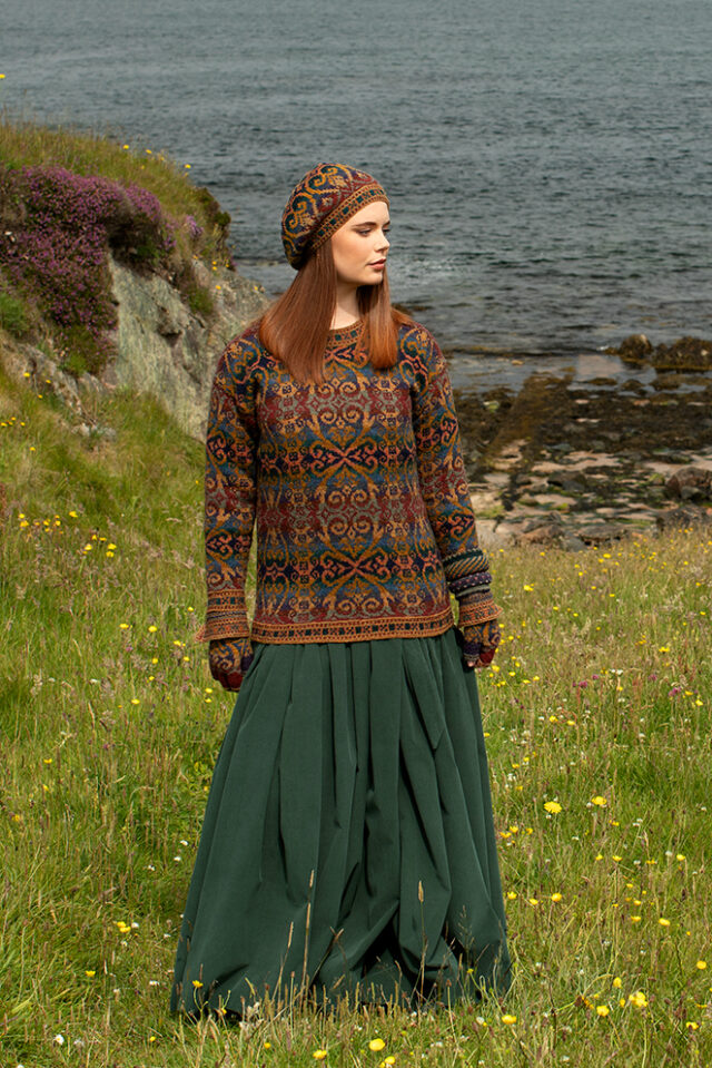 The Henry VIII pullover and Hat Set patterncard kit designs and Dun Cuff from Creative Course 2 by Alice Starmore in Hebridean 2 Ply