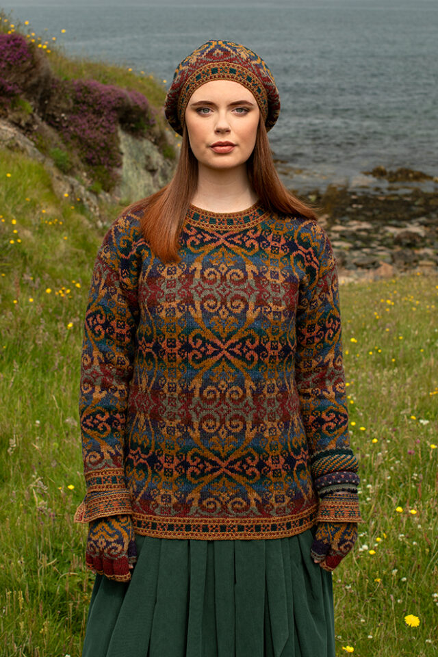 The Henry VIII pullover and Hat Set patterncard kit designs and Dun Cuff from Creative Course 2 by Alice Starmore in Hebridean 2 Ply