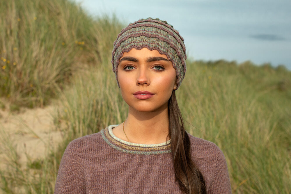The Levenish Hat Set patterncard kit design by Alice Starmore in Hebridean 2 Ply and the Mol Eire pullover patterncard kit design by Jade Starmore in Hebridean 2 & 3 Ply