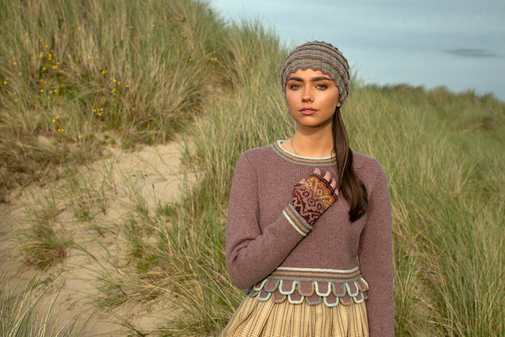 The Levenish Hat Set and Herald patterncard kit designs by Alice Starmore in Hebridean 2 Ply and the Mol Eire pullover patterncard kit design by Jade Starmore in Hebridean 2 & 3 Ply