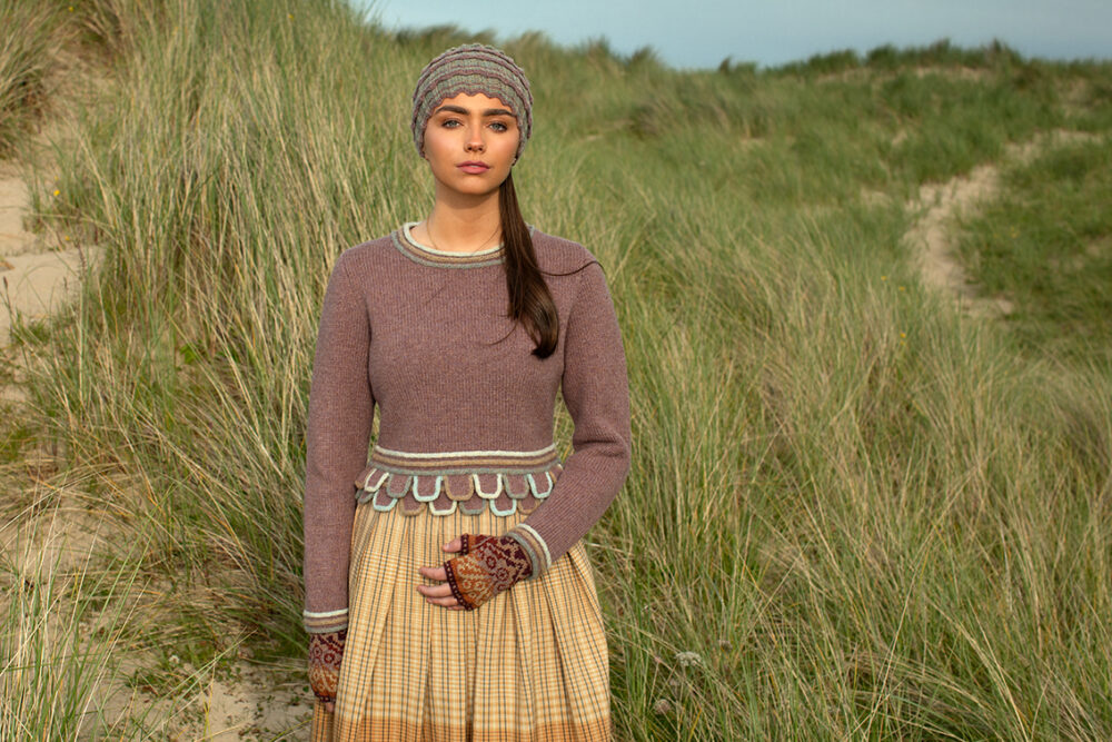 The Levenish Hat Set and Herald patterncard kit designs by Alice Starmore in Hebridean 2 Ply and the Mol Eire pullover patterncard kit design by Jade Starmore in Hebridean 2 & 3 Ply