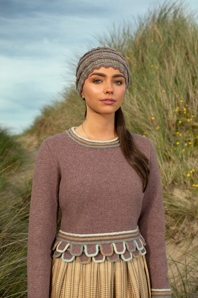 The Levenish Hat Set and Herald patterncard kit designs by Alice Starmore in Hebridean 2 Ply and the Mol Eire pullover patterncard kit design by Jade Starmore in Hebridean 2 & 3 Ply