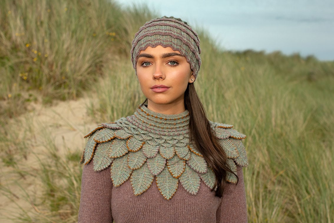The Levenish Hat, Eagle Collar and Herald patterncard kit designs by Alice Starmore in Hebridean 2 Ply and the Mol Eire pullover patterncard kit design by Jade Starmore in Hebridean 2 & 3 Ply
