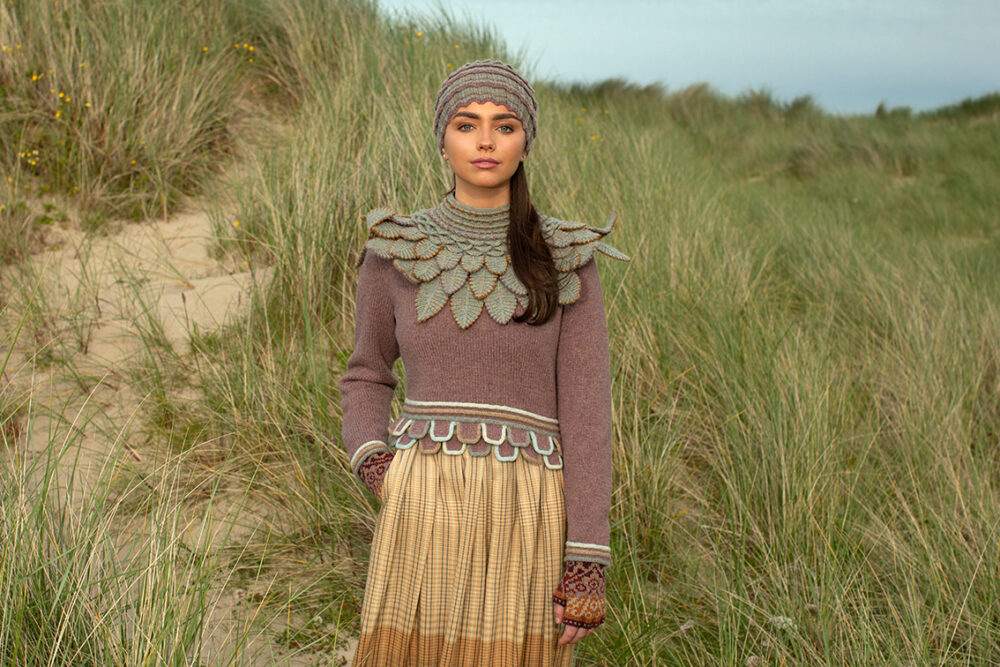 The Levenish Hat, Eagle Collar and Herald patterncard kit designs by Alice Starmore in Hebridean 2 Ply and the Mol Eire pullover patterncard kit design by Jade Starmore in Hebridean 2 & 3 Ply