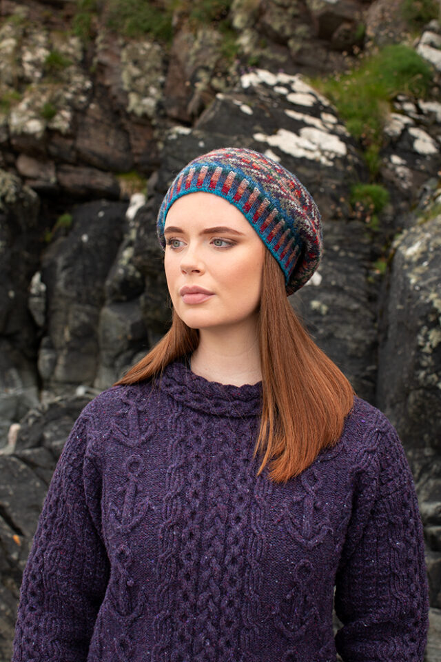 The Mystic and Marina Hat Set patterncard kit designs by Alice Starmore in Hebridean 2 & 3 Ply