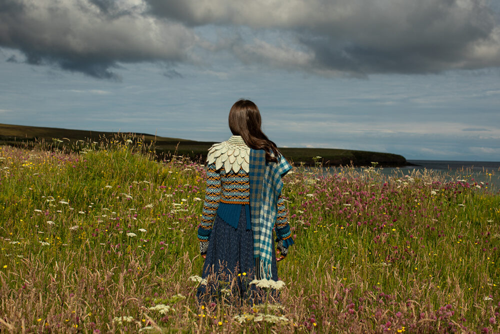 Sulaire Spencer, Boreray Cardigan, Eagle Collar, Hirta gloves and Oiseabhal wrap patterncard kit designs by Alice Starmore in Hebridean 2 Ply