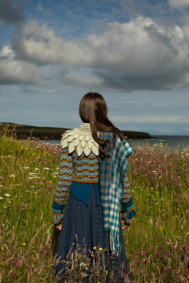 Sulaire Spencer, Boreray Cardigan, Eagle Collar, Hirta gloves and Oiseabhal wrap patterncard kit designs by Alice Starmore in Hebridean 2 Ply