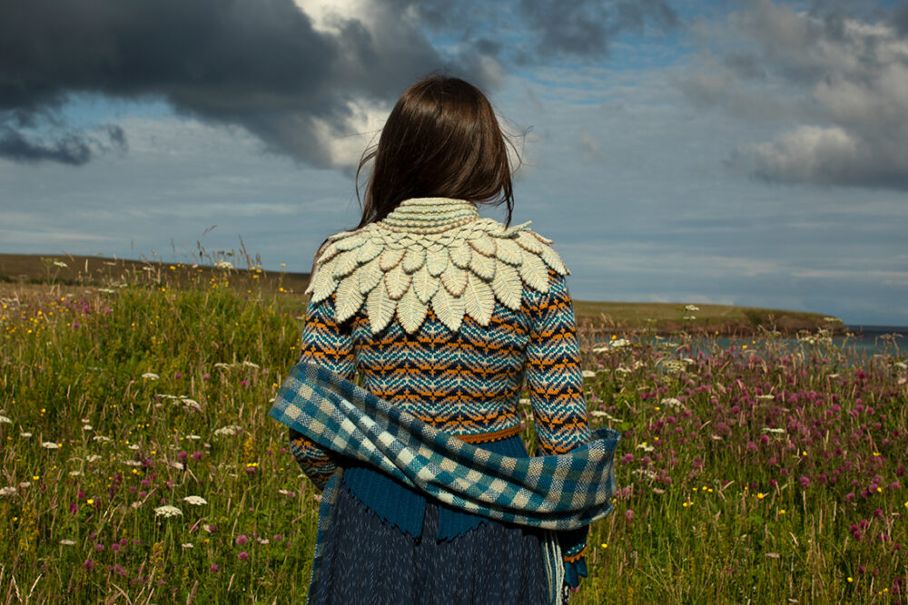 Sulaire Spencer, Boreray Cardigan, Eagle Collar, Hirta gloves and Oiseabhal wrap patterncard kit designs by Alice Starmore in Hebridean 2 Ply