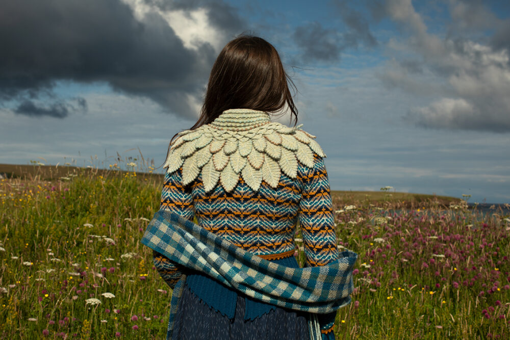 Sulaire Spencer, Boreray Cardigan, Eagle Collar, Hirta gloves and Oiseabhal wrap patterncard kit designs by Alice Starmore in Hebridean 2 Ply