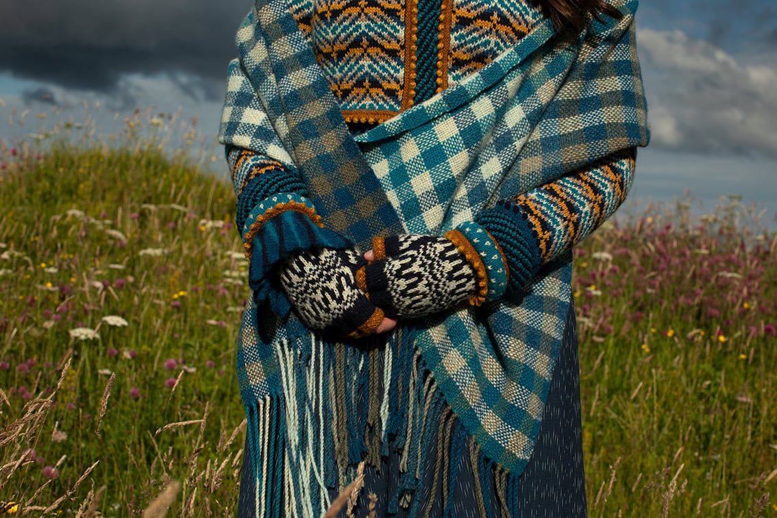 Sulaire Spencer, Boreray Cardigan, Eagle Collar, Hirta gloves and Oiseabhal wrap patterncard kit designs by Alice Starmore in Hebridean 2 Ply