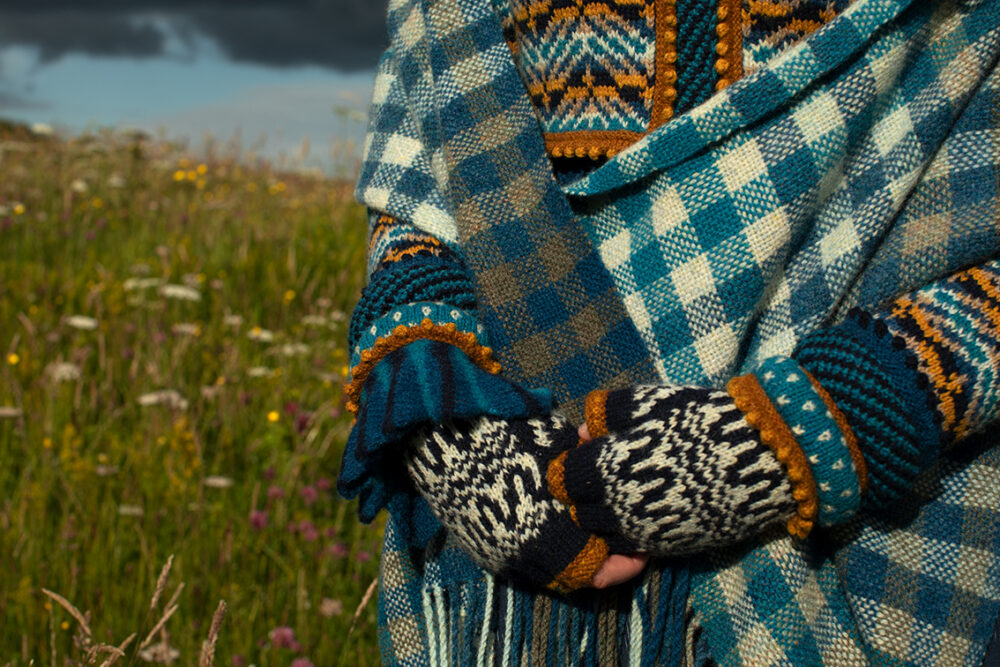 Sulaire Spencer, Boreray Cardigan, Eagle Collar, Hirta gloves and Oiseabhal wrap patterncard kit designs by Alice Starmore in Hebridean 2 Ply