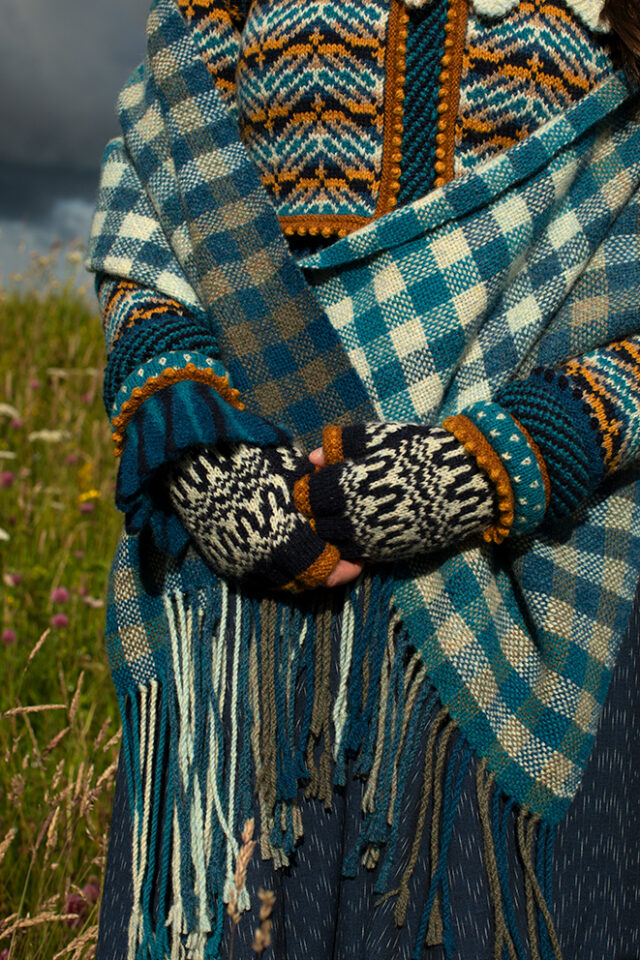 Sulaire Spencer, Boreray Cardigan, Eagle Collar, Hirta gloves and Oiseabhal wrap patterncard kit designs by Alice Starmore in Hebridean 2 Ply