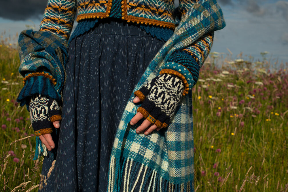 Sulaire Spencer, Boreray Cardigan, Eagle Collar, Hirta gloves and Oiseabhal wrap patterncard kit designs by Alice Starmore in Hebridean 2 Ply