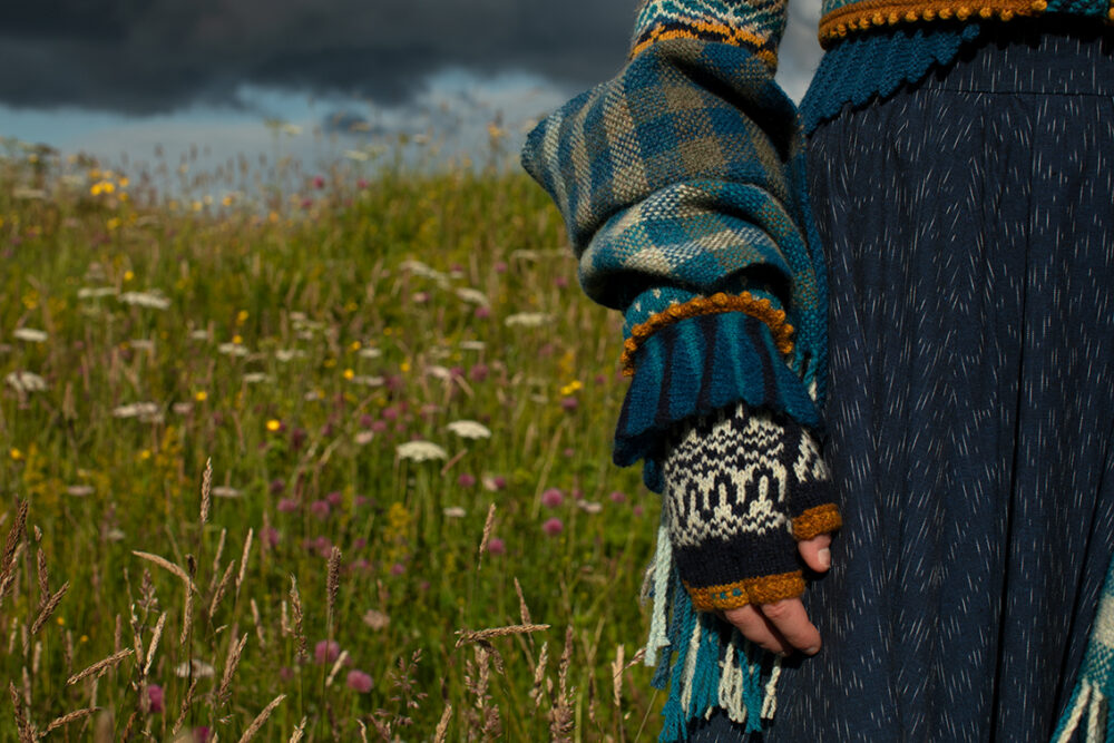 Sulaire Spencer, Boreray Cardigan, Eagle Collar, Hirta gloves and Oiseabhal wrap patterncard kit designs by Alice Starmore in Hebridean 2 Ply