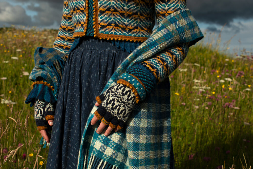 Sulaire Spencer, Boreray Cardigan, Eagle Collar, Hirta gloves and Oiseabhal wrap patterncard kit designs by Alice Starmore in Hebridean 2 Ply