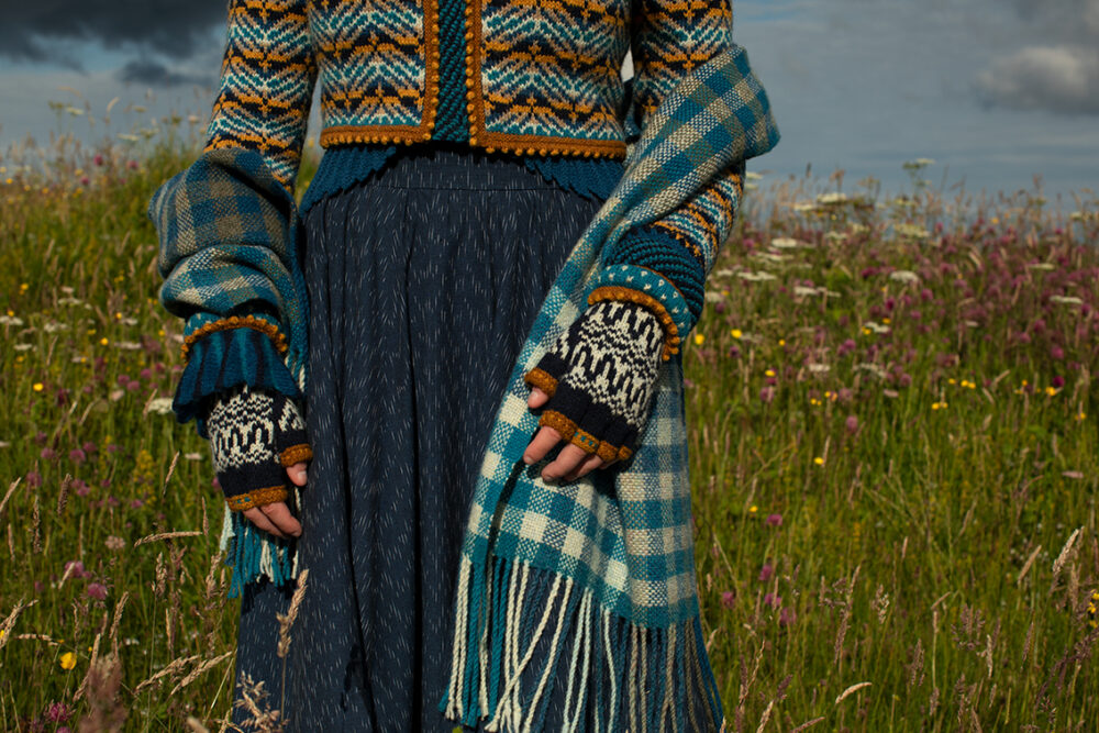 Sulaire Spencer, Boreray Cardigan, Eagle Collar, Hirta gloves and Oiseabhal wrap patterncard kit designs by Alice Starmore in Hebridean 2 Ply