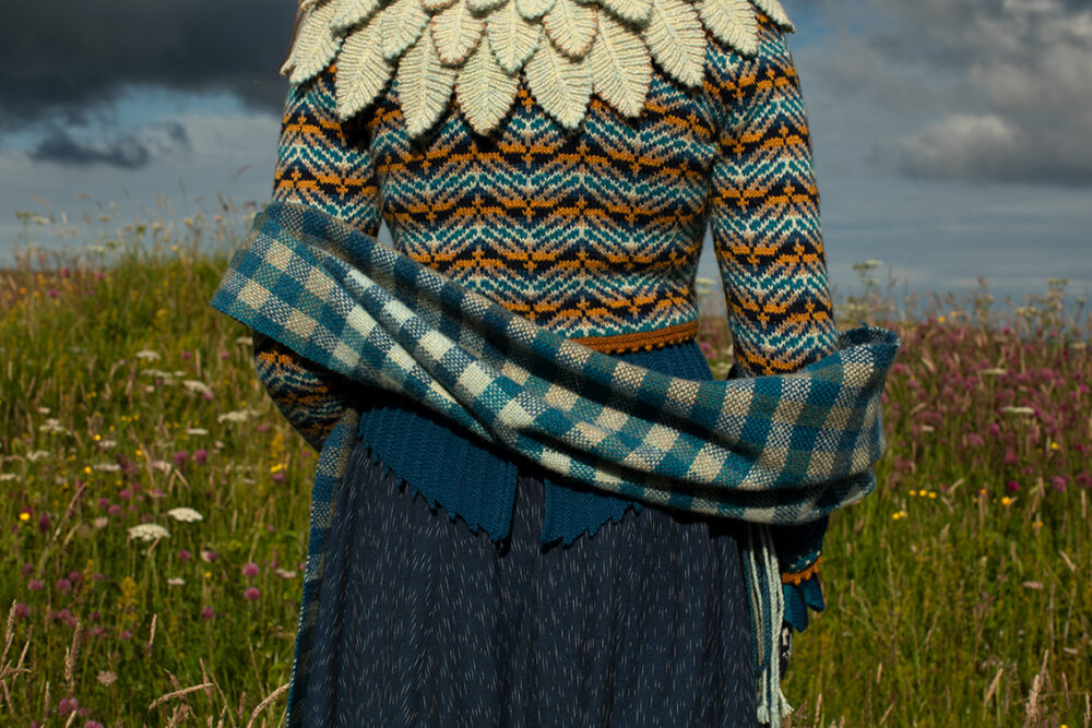 Sulaire Spencer, Boreray Cardigan, Eagle Collar, Hirta gloves and Oiseabhal wrap patterncard kit designs by Alice Starmore in Hebridean 2 Ply