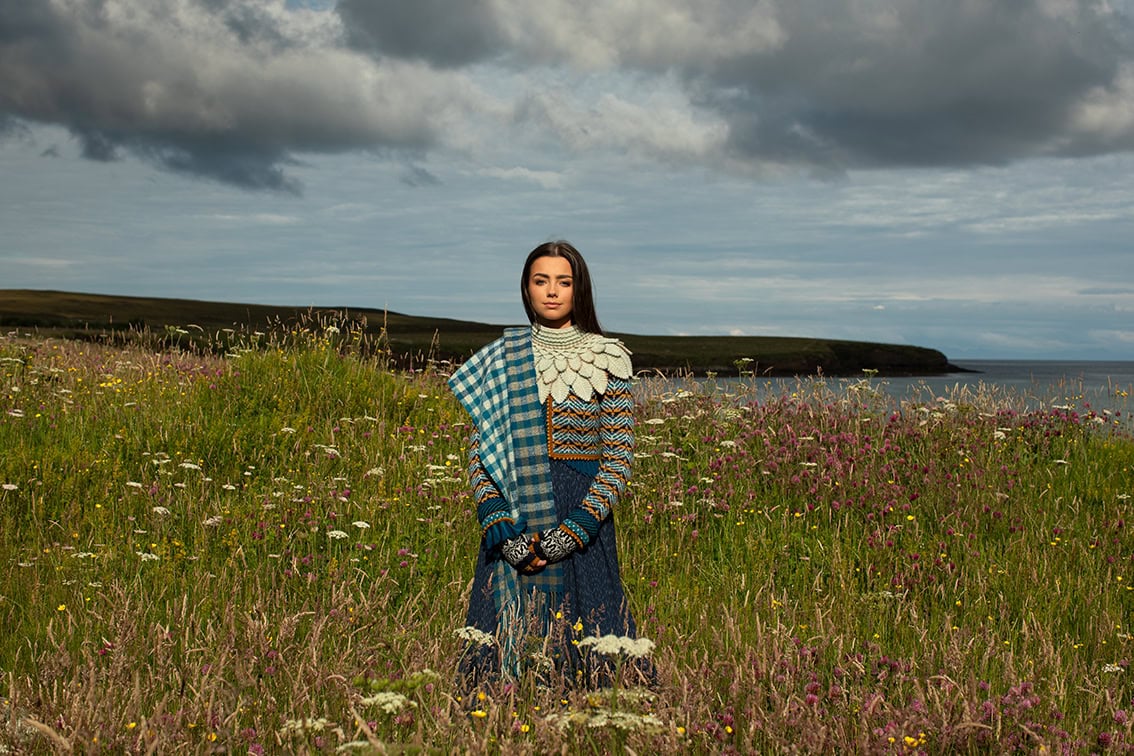 Sulaire Spencer, Boreray Cardigan, Eagle Collar, Hirta gloves and Oiseabhal wrap patterncard kit designs by Alice Starmore in Hebridean 2 Ply