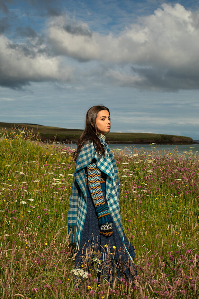 Sulaire Spencer, Boreray Cardigan, Eagle Collar, Hirta gloves and Oiseabhal wrap patterncard kit designs by Alice Starmore in Hebridean 2 Ply