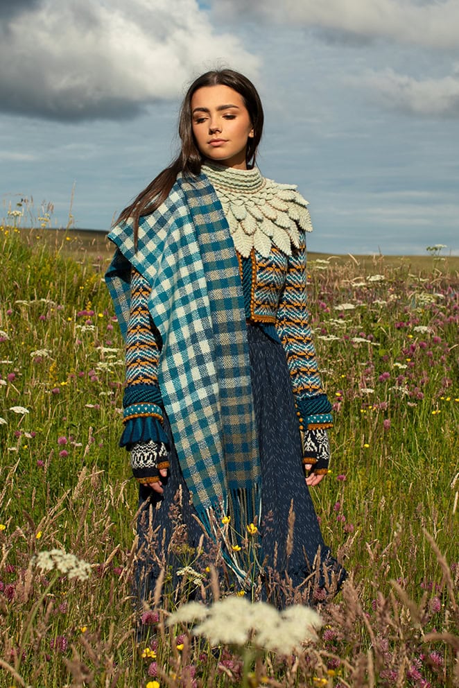 Sulaire Spencer, Boreray Cardigan, Eagle Collar, Hirta gloves and Oiseabhal wrap patterncard kit designs by Alice Starmore in Hebridean 2 Ply