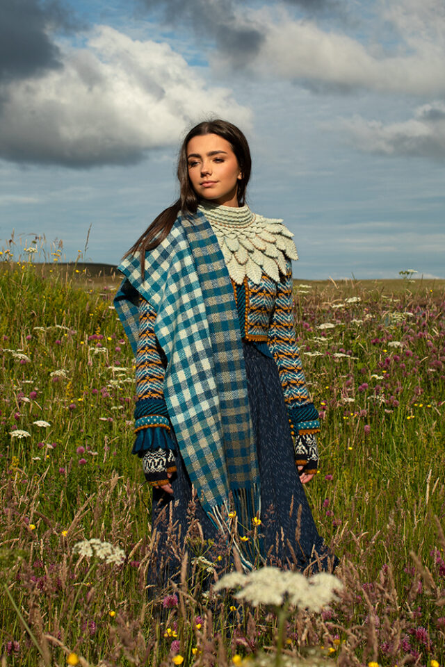 Sulaire Spencer, Boreray Cardigan, Eagle Collar, Hirta gloves and Oiseabhal wrap patterncard kit designs by Alice Starmore in Hebridean 2 Ply