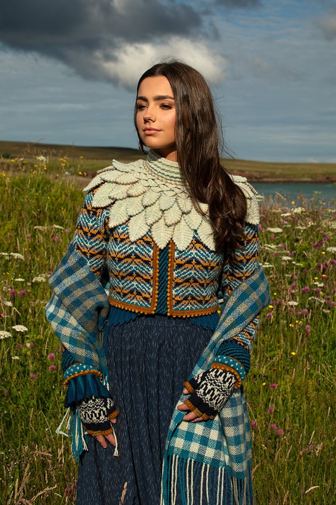 Sulaire Spencer, Boreray Cardigan, Eagle Collar, Hirta gloves and Oiseabhal wrap patterncard kit designs by Alice Starmore in Hebridean 2 Ply