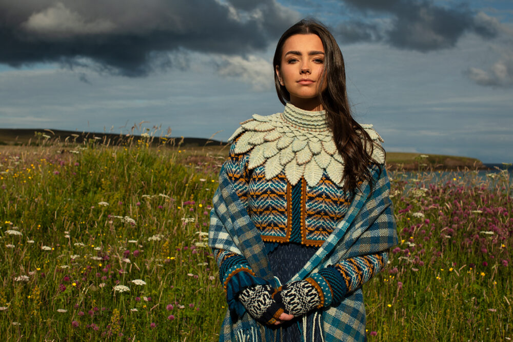 Sulaire Spencer, Boreray Cardigan, Eagle Collar, Hirta gloves and Oiseabhal wrap patterncard kit designs by Alice Starmore in Hebridean 2 Ply