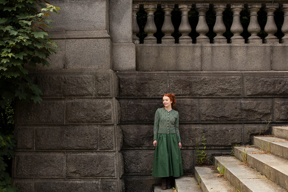 The Polaris Cardigan patterncard kit design by Alice Starmore in Hebridean 2 Ply