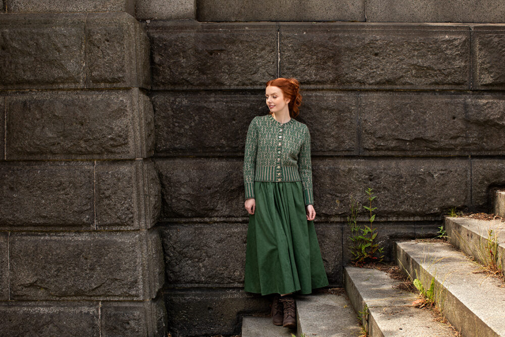 The Polaris Cardigan patterncard kit design by Alice Starmore in Hebridean 2 Ply