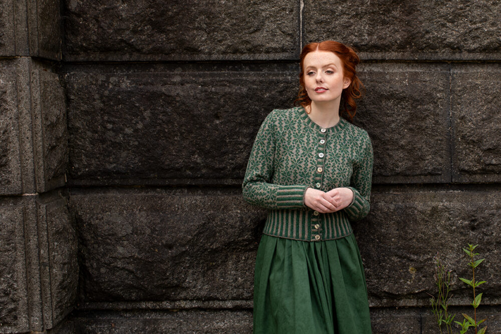 The Polaris Cardigan patterncard kit design by Alice Starmore in Hebridean 2 Ply