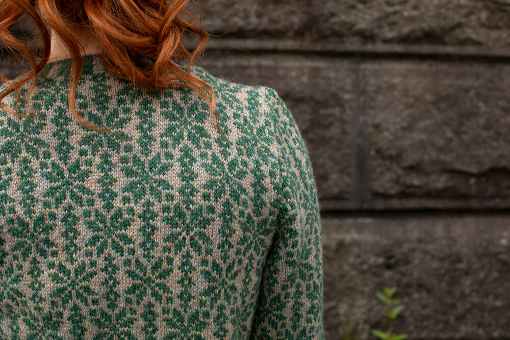 The Polaris Cardigan patterncard kit design by Alice Starmore in Hebridean 2 Ply