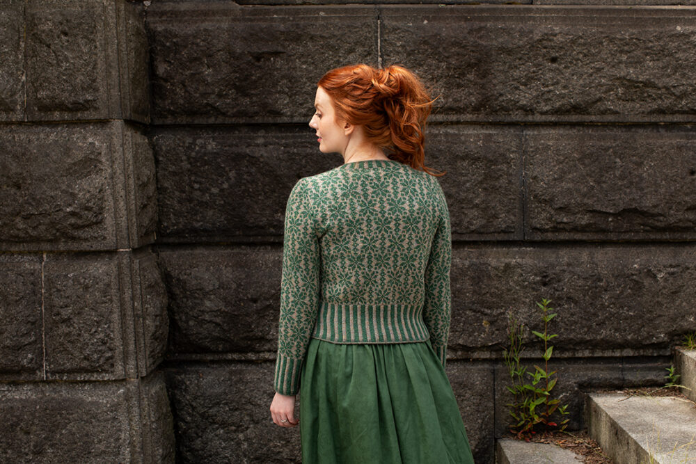 The Polaris Cardigan patterncard kit design by Alice Starmore in Hebridean 2 Ply
