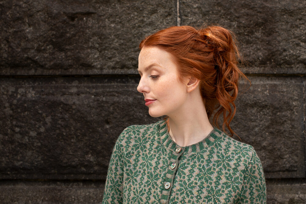 The Polaris Cardigan patterncard kit design by Alice Starmore in Hebridean 2 Ply