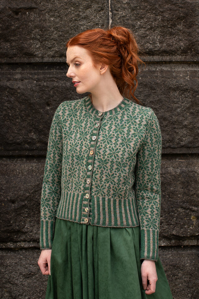 The Polaris Cardigan patterncard kit design by Alice Starmore in Hebridean 2 Ply