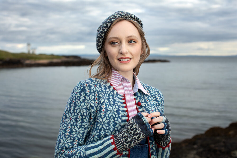 The Polaris Cardigan and Hirta Hat Set patterncard kit designs by Alice Starmore in Hebridean 2 Ply