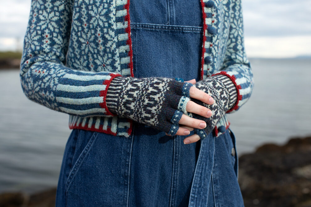 The Polaris Cardigan and Hirta Hat Set patterncard kit designs by Alice Starmore in Hebridean 2 Ply