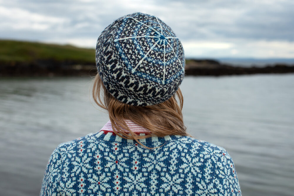 The Polaris Cardigan and Hirta Hat Set patterncard kit designs by Alice Starmore in Hebridean 2 Ply