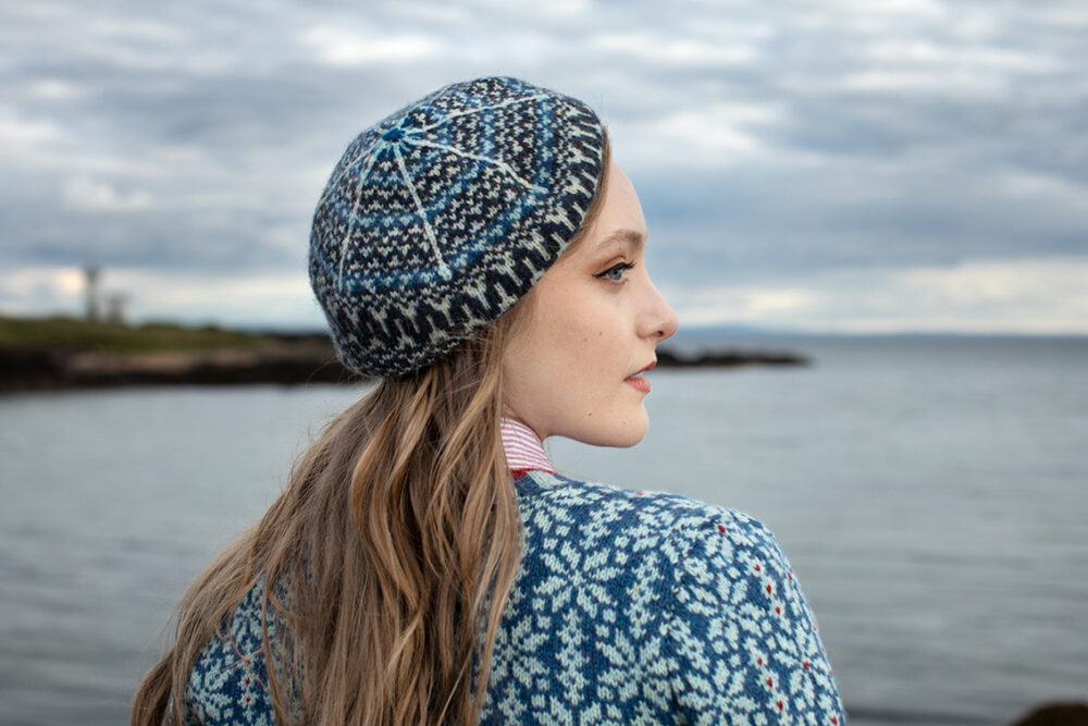 The Polaris Cardigan and Hirta Hat Set patterncard kit designs by Alice Starmore in Hebridean 2 Ply