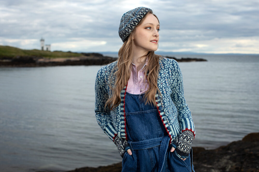 The Polaris Cardigan and Hirta Hat Set patterncard kit designs by Alice Starmore in Hebridean 2 Ply