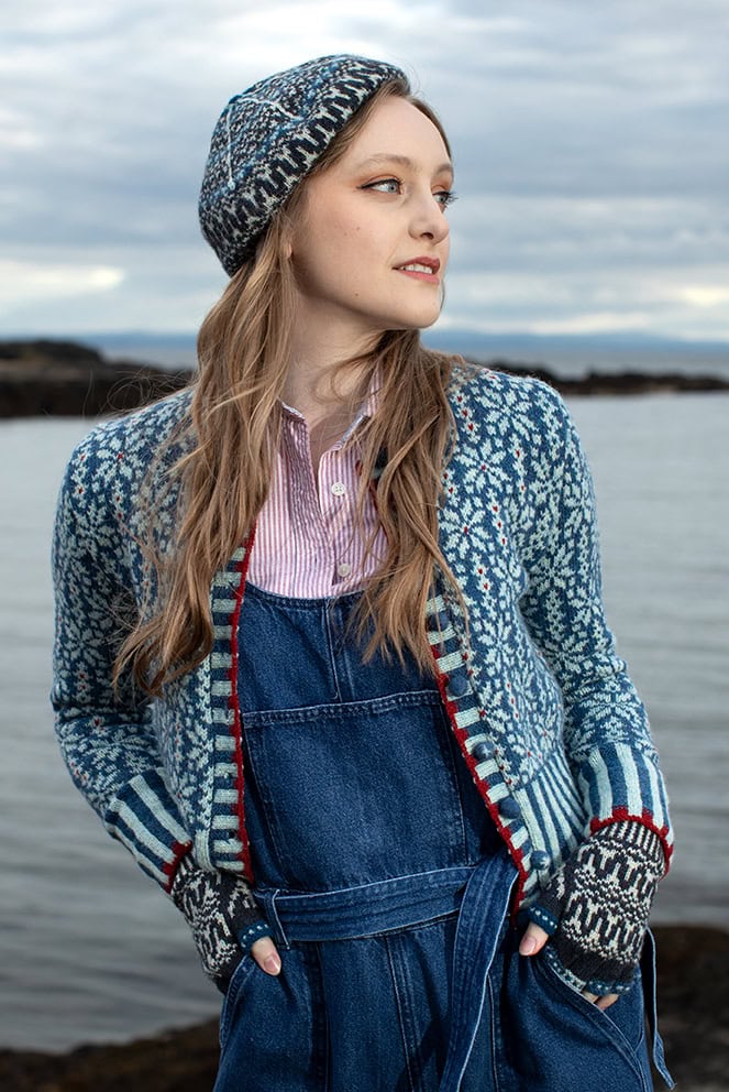 The Polaris Cardigan and Hirta Hat Set patterncard kit designs by Alice Starmore in Hebridean 2 Ply