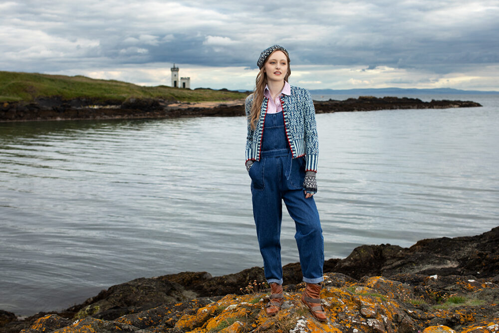 The Polaris Cardigan and Hirta Hat Set patterncard kit designs by Alice Starmore in Hebridean 2 Ply