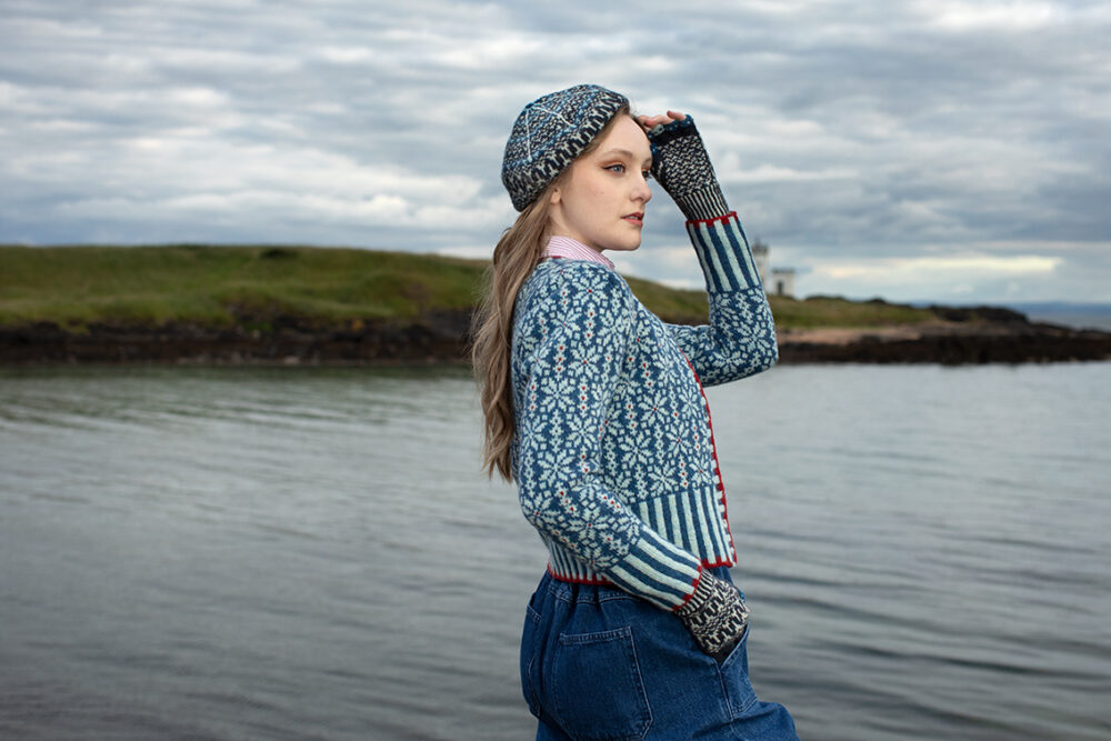 The Polaris Cardigan and Hirta Hat Set patterncard kit designs by Alice Starmore in Hebridean 2 Ply