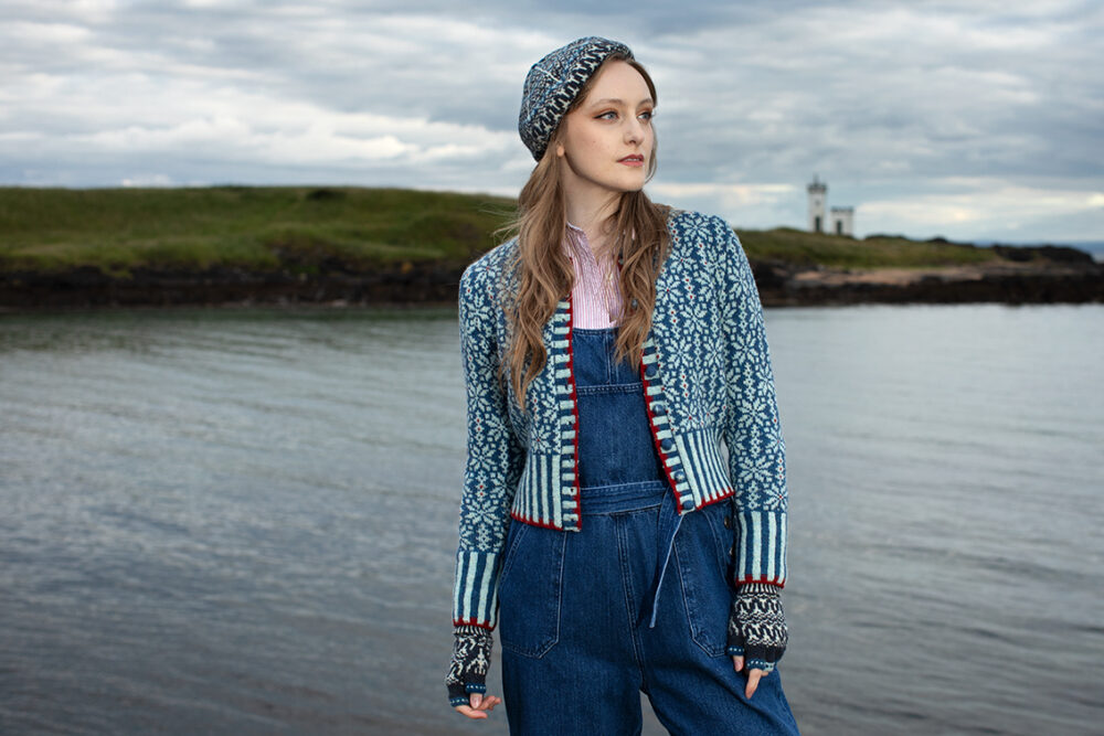 The Polaris Cardigan and Hirta Hat Set patterncard kit designs by Alice Starmore in Hebridean 2 Ply