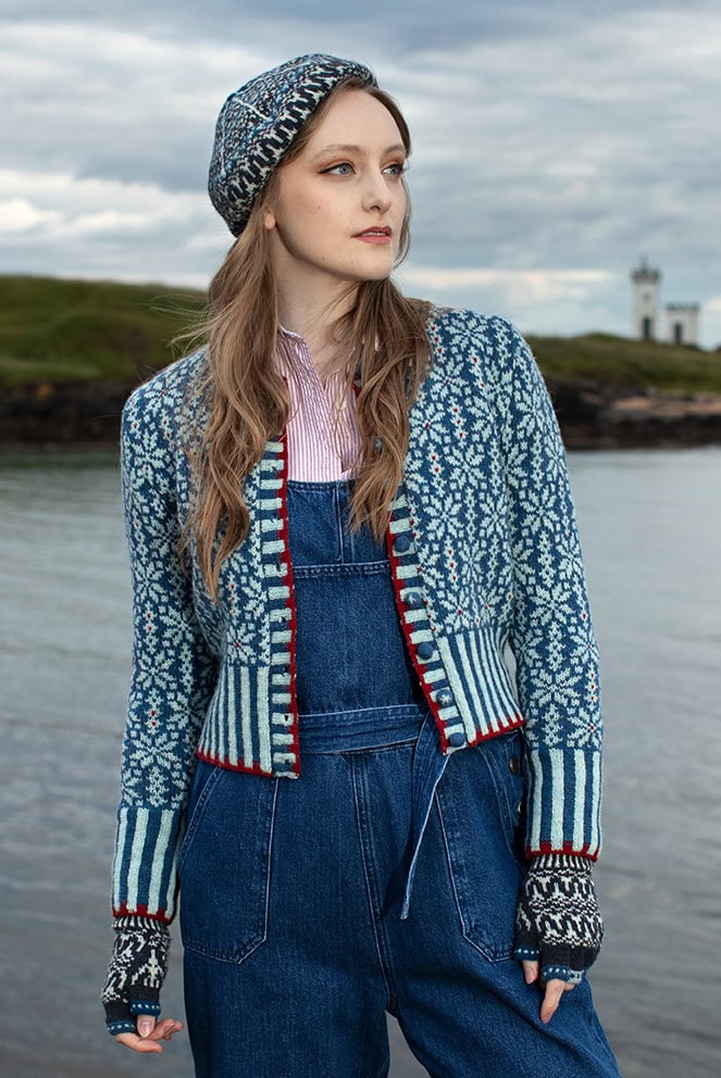 The Polaris Cardigan and Hirta Hat Set patterncard kit designs by Alice Starmore in Hebridean 2 Ply